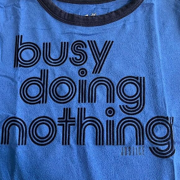 🌴 Justice ‘Busy Doing Nothing’ Graphic Girls 10 Bright Blue Ringer Tee - Picture 5 of 9